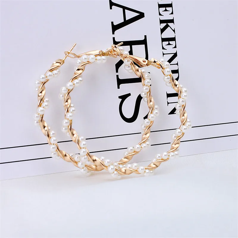 1Pair Hyperbole Big Simulated Pearl Hoop Earring for Women Jewelry Bohemian Statement Punk Round Earrings Fashion E80 | Украшения и