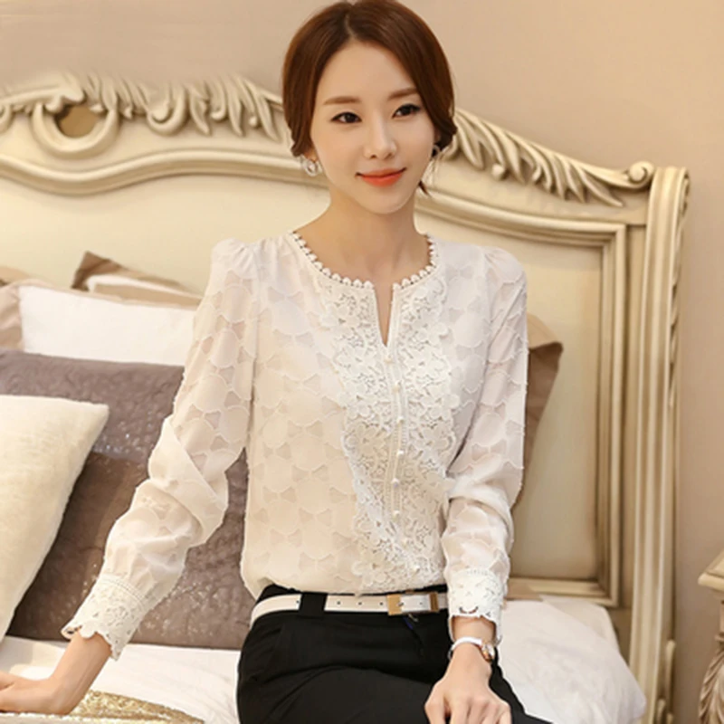 White Women Tops Floral Embroidery Chiffon Blouse Shirt Fashion Tops and blouses Elegant 2019 Autumn long sleeve Office Shirt