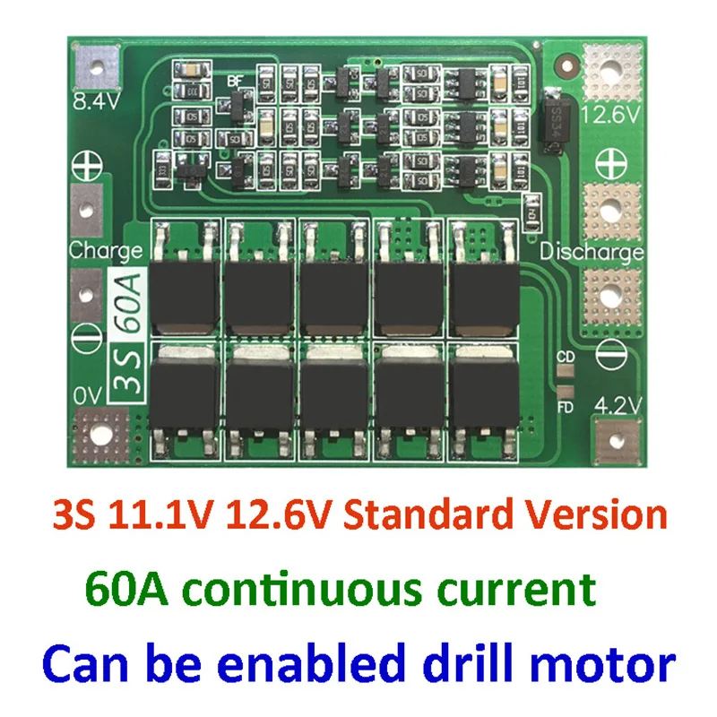 Защитная плата PCB BMS 3S 60A для зарядного устройства литий ионных батарей модуль