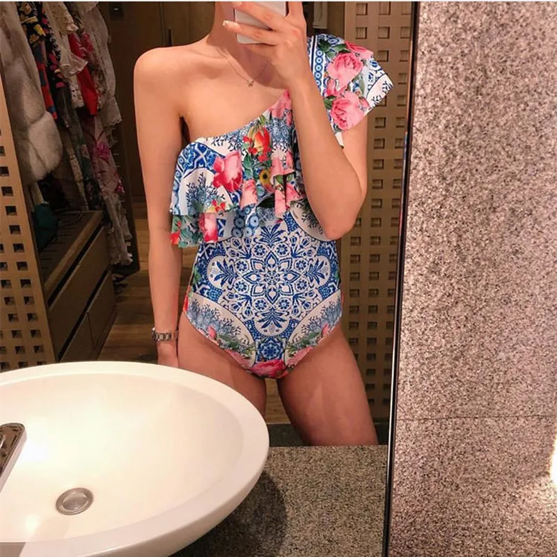 KEKAKA, Ретро стиль, розовая роза, с принтом, на одно плечо, сдельный купальник,, сексуальный, пуш-ап, с рюшами, купальник, купальник, монокини для женщин
