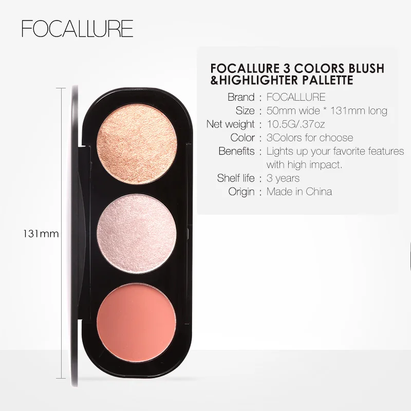FOCALLURE румяна, макияж для лица, 3 цвета хайлайтер палитра естественных, легко наносится, макияж для лица, бронзер румяна пудра/Новое поступление;