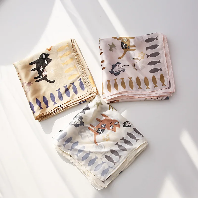 

yishine 70*70cm New Summer Beach Fashion Square Scarves Accessories Women Cat Fish Cartoon Silk Scarf Femme Neckerchief