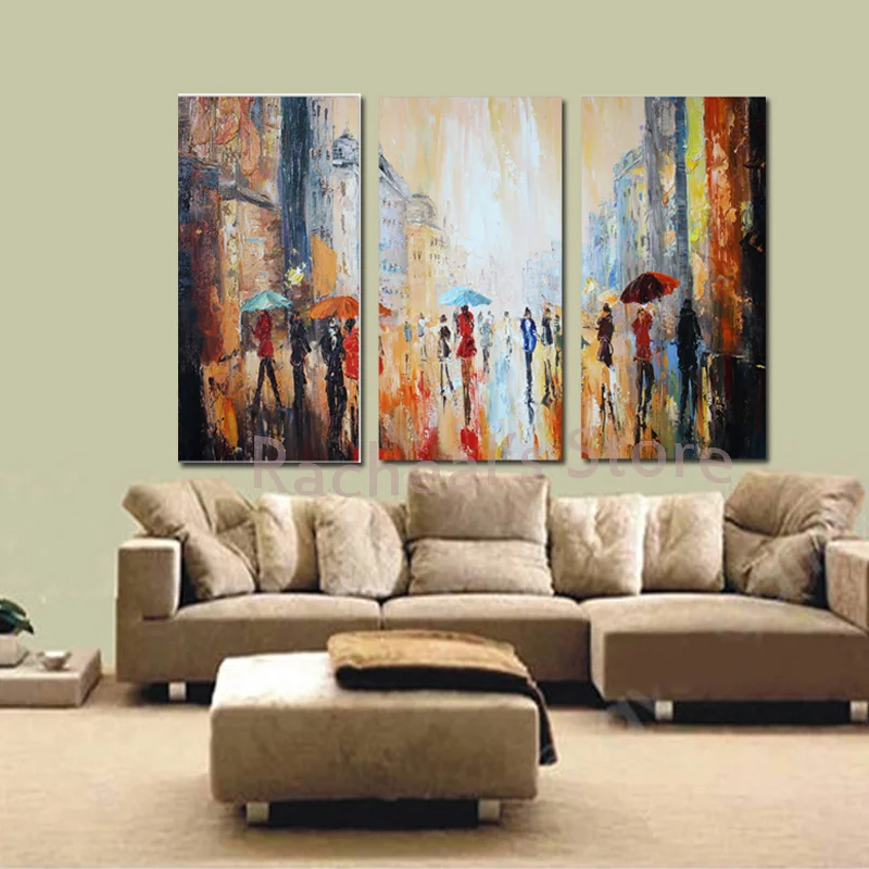 

Hand Painted Abstract Rainy Street Landscape Oil Painting 3 pieces/set people with umbrella in the rain Wall Picture Painting