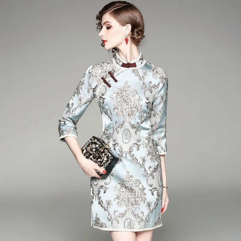 Cheongsam Весна 2018 новый тонкий ежедневно хлопка толстые жаккард Платье чонсам |