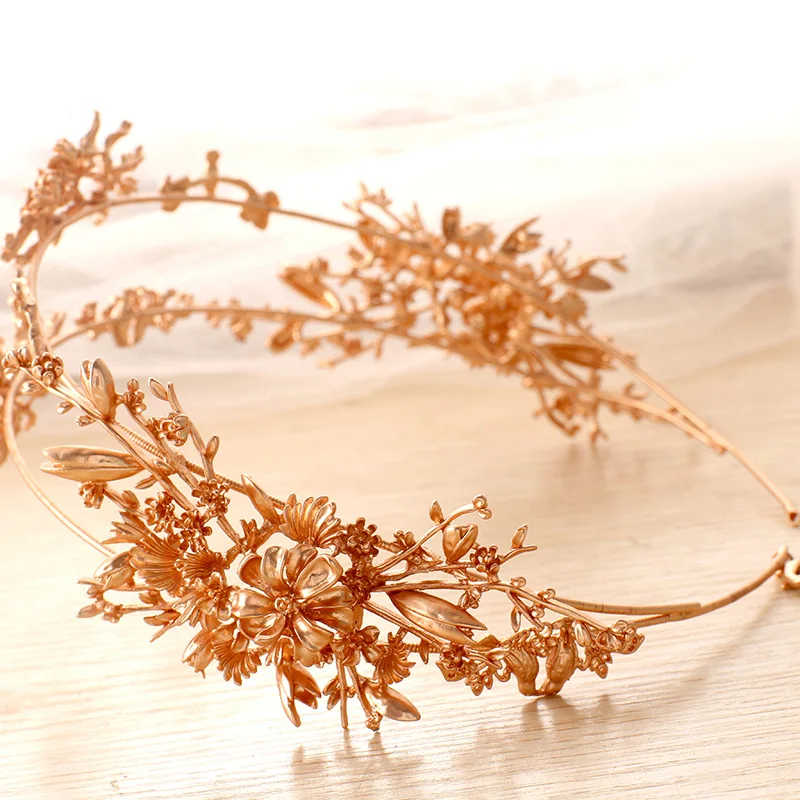 

Luxury Golden color Flower Bridal Tiaras Handmade Wedding Hair Accessories Two Rows Bridal Headpiece Prom Hairbands Headbands
