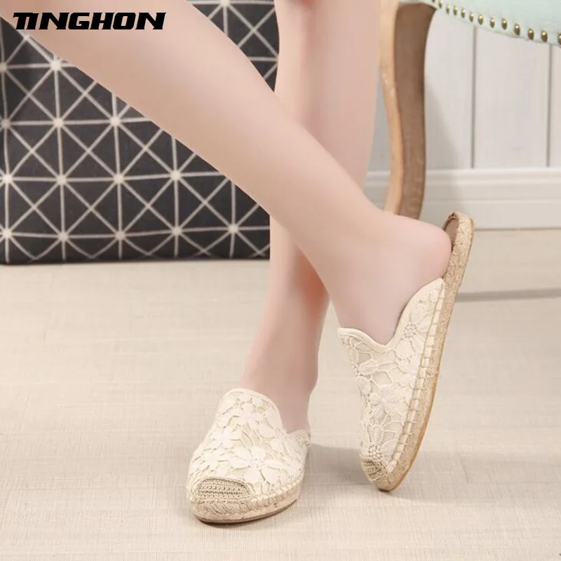 Женские холщовые туфли TINGHON эспадрильи с цветочным кружевом ремешком на