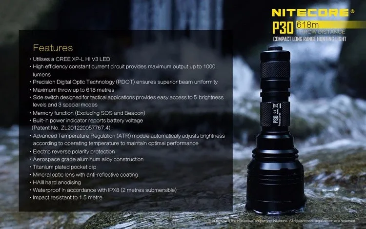 NITECORE P30 5 режимов CREE XP-L HI V3 светодиодный max.1000LM светодиодный вспышка светильник с большим радиусом 618 м светодиодный охотничий фонарь Поиск СВЕТОДИОДНЫЙ светильник