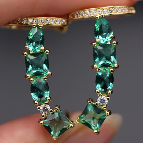 Gold plated Серьги-каффы с зеленым камнем, клипсы, кубический цирконий для женщин, подарок, позолоченные серьги-гвоздики золотого и серебряного цвета, вечерние ювелирные изделия - Окраска металла: Gold plated