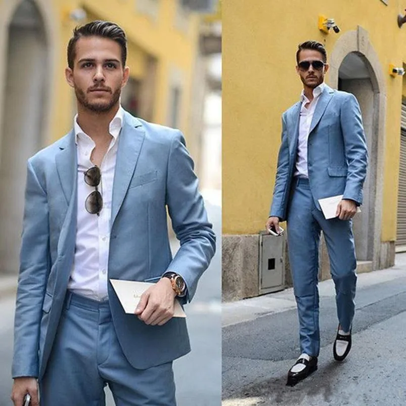 

Handsome Light Blue Man Tuxedo Fashion Cheap Wedding Suit For Men Custom Made Two Pieces Groomsman Tuxedos (Jacket+Pants)