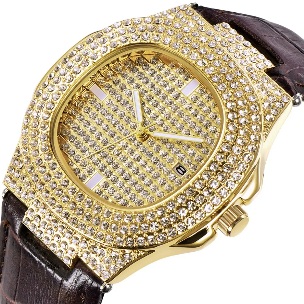 Мужские наручные часы сверкающие полностью Стразы кварцевые Iced Out золотые