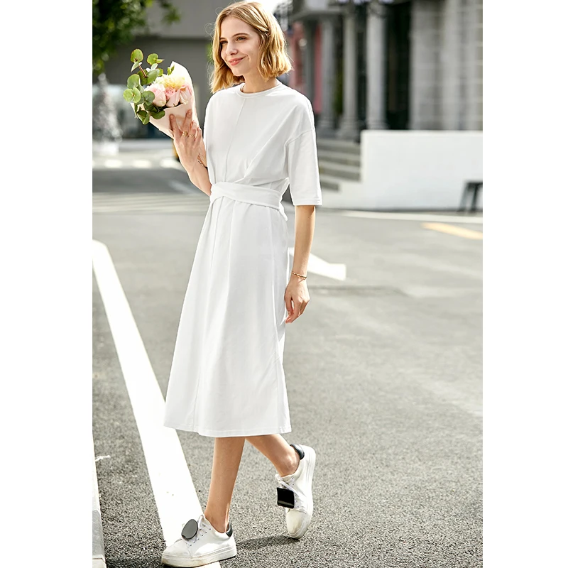 white Long Dresses Amii Minimalist Women Dress Spring Summer Causal Solid Short Sleeve Belt Lace Up O Neck Cotton Elegant Female Dress - Цвет: white Long Dresses
