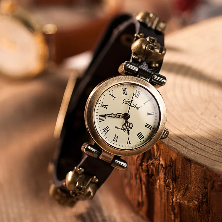 Высокое качество череп из натуральной коровьей кожи часы для женщин и мужчин