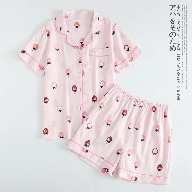 Pink Новинка весны, Женский пижамный комплект, марля, хлопок, милый рисунок клубники, женская одежда для сна с v-образным вырезом, комплект из 2 предметов, комфортная домашняя одежда - Цвет: Pink