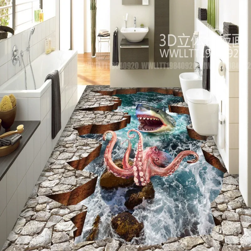 

Free Shipping Custom Deep sea shark monster 3D floor painting wallpaper self-adhesive non-slip waterproof floor mural