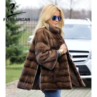 fursarcar 2021 real mink fur coats women with fur collar detachable sleeve cuff side bifurcation jacket female mink fur coat