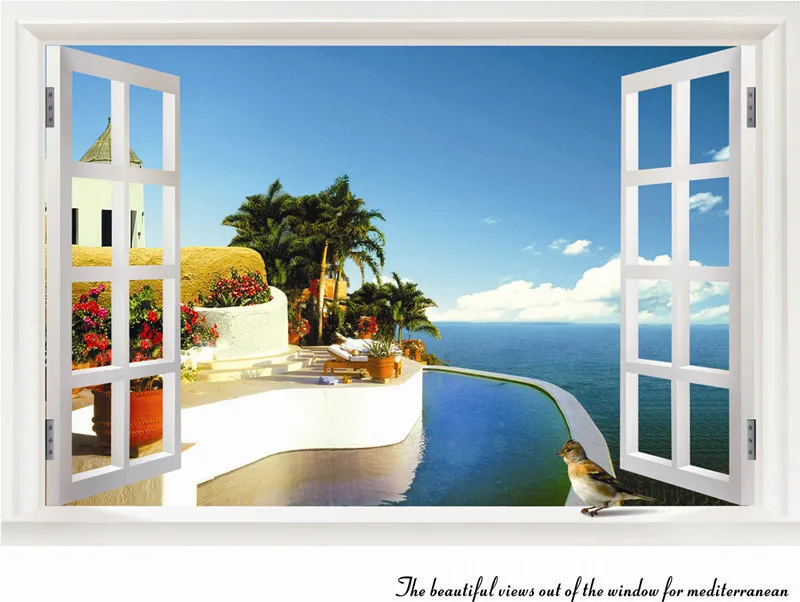 2015 Rushed New Fake Window Wallpaper 3d Wall Sticker decorative Stickers large Home Decoration summer Style free Shipping | Дом и сад