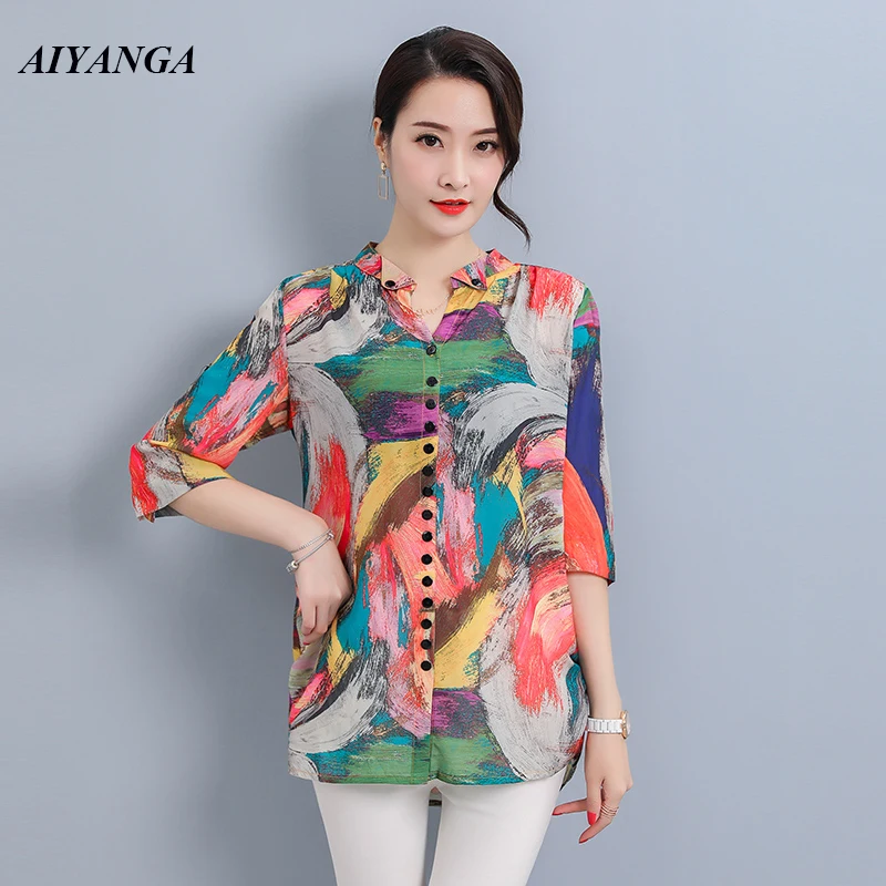 L-3XL 4XL 2019 Spring Summer Women's Blouses Mother's shirt Fashion Print Blouse Medium Long Tops Ladies Plus Size Top Female