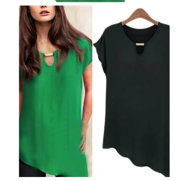 

Women Solid Black Casual T-Shirts Hollow Out O-neck Slim Basic Tees Female Soft Elegant Tops Lady Hem angled Chiffon T-shirt