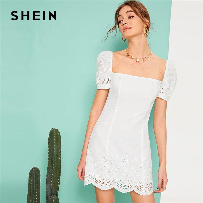 SHEIN белое платье в стиле бохо с пышными рукавами и фигурным подолом, с квадратным вырезом, женское короткое тонкое летнее платье с вышивкой на молнии сзади