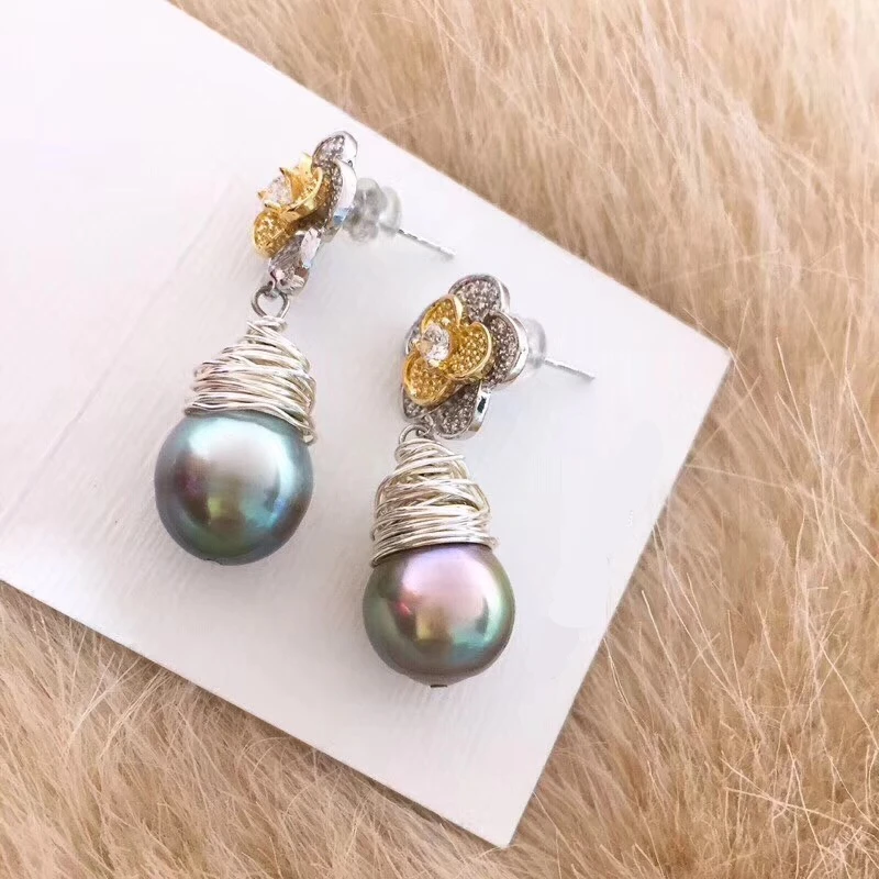 Серьги-капли из пресноводного жемчуга Tahitian, настоящая природа, черный жемчуг, 925 серебро, женские модные свадебные ювелирные украшения, стильные серьги DE014