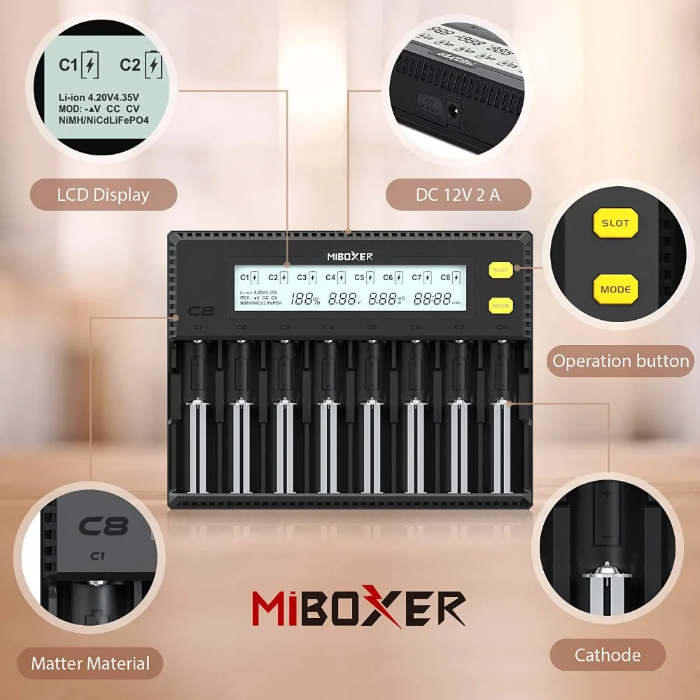 Зарядное устройство 18650 Miboxer 8 слотов 4 слота ЖК дисплей 1.5A для Li Ion LiFePO4 Ni MH Cd AA 21700
