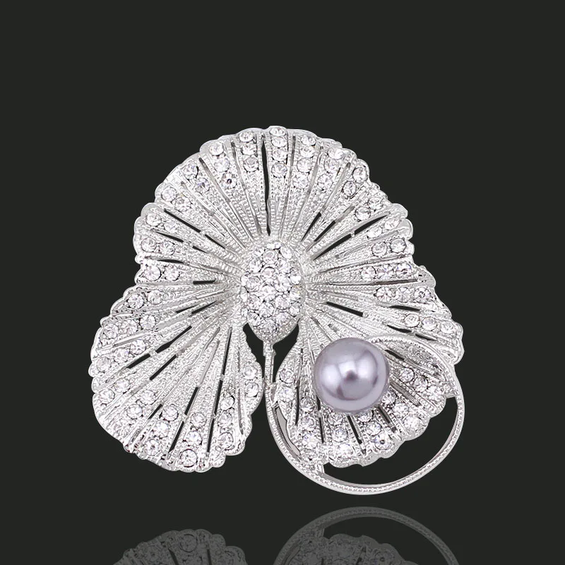 Crystal Rhinestone Simulated Pearl Feather Wedding Flower Pin Brooch Elegant New Vintage Round Shape Bright Jewelry BH8254 | Украшения и