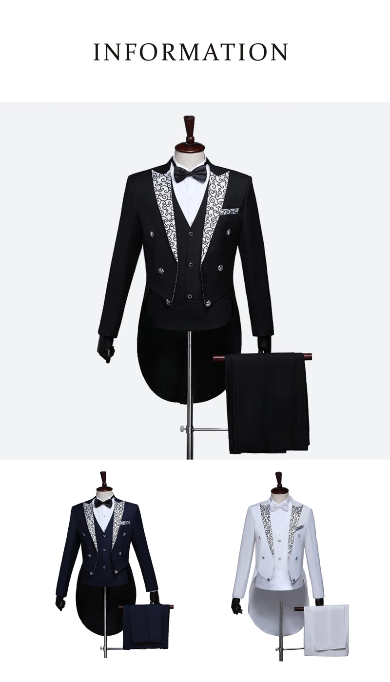 Shenrun Men Fashion Tailcoats Slim Fit Tuxedos Pattern Peak Lapel Wedding Grooms Party Prom Stage Costumes Singers Skinny Suits
