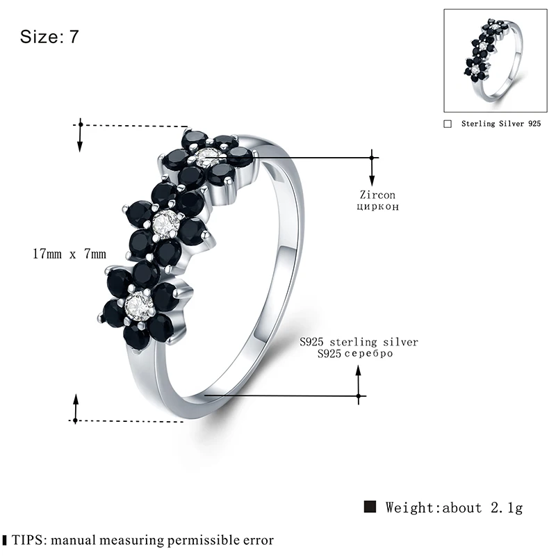 [Черный ость] Винтаж 2,1g 925 пробы Серебряные Ювелирные Изделия Bague цветок черной шпинели Обручение кольца для Для женщин девушке подарок C464