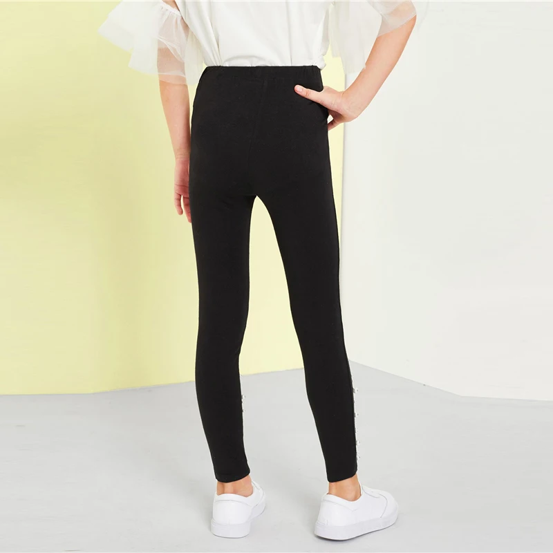 SHEIN/Черные Эластичные зауженные повседневные брюки с высокой талией и жемчужинами для девочек; леггинсы для девочек; коллекция года; сезон весна; модные милые узкие брюки для детей