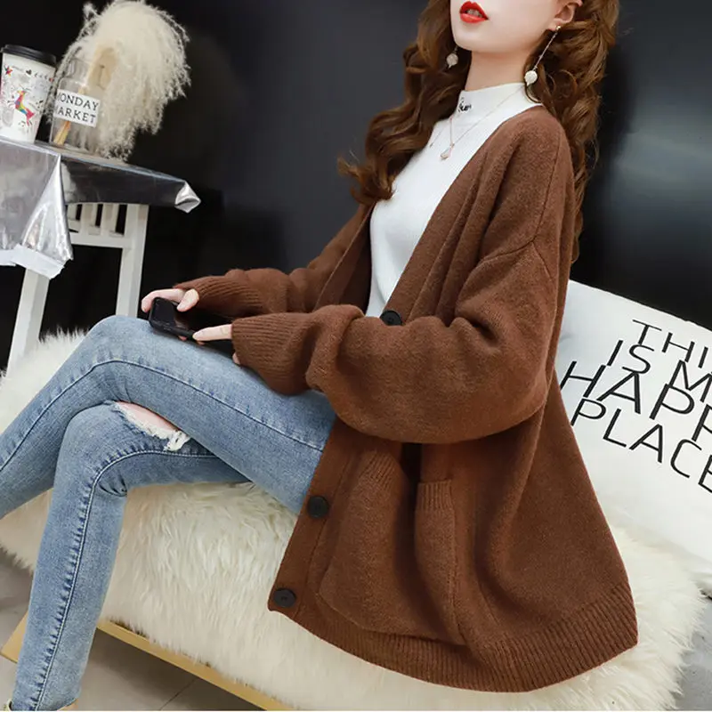 

2019 Spring Autumn New Medium Long Women's Sweater Coat Loose Korean Wild Single Breasted Female Knit Sweater Cardigan LQ708