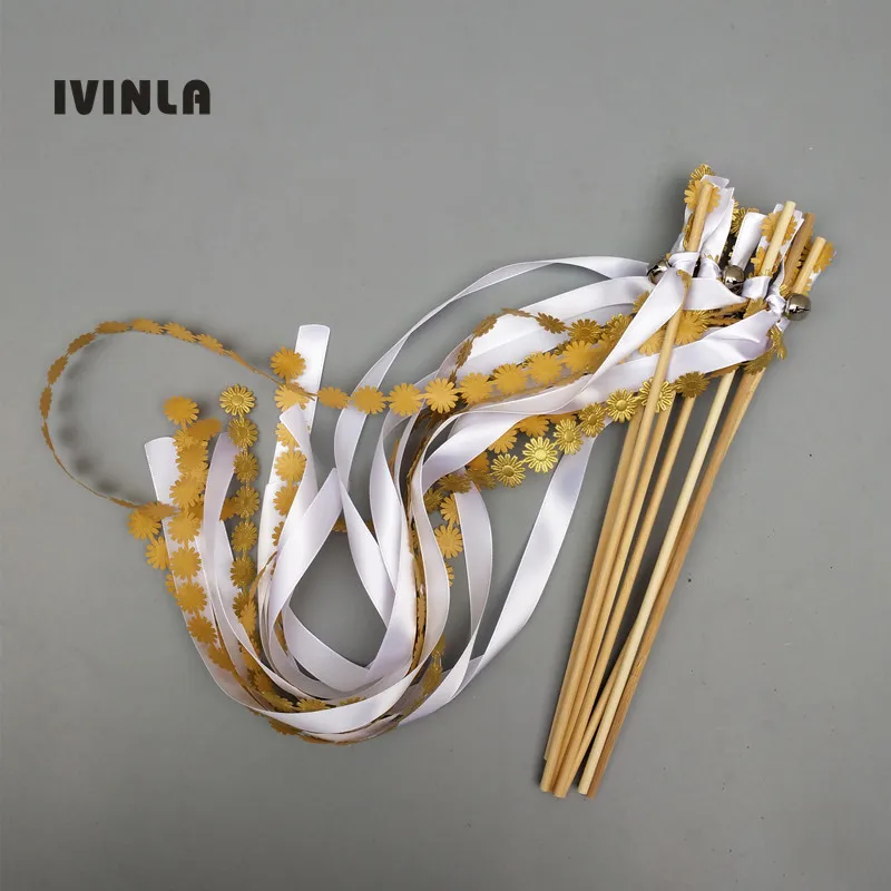 

30pcs/ gold and white wedding ribbon wands with gold bell ribbon Twirling Streamers wedding ribbon stick
