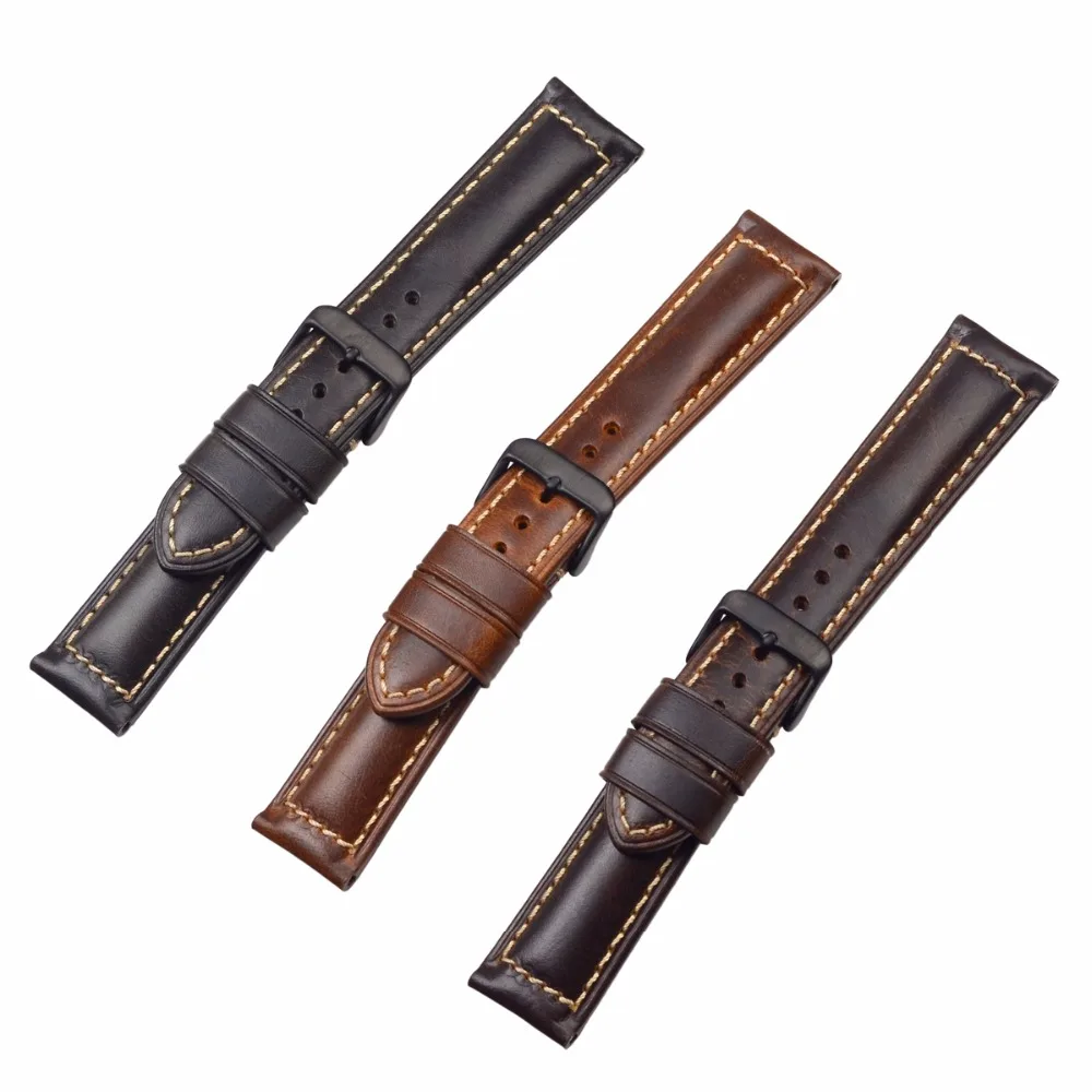 

High Quality Fine Oil Wax Leather Watch Strap & Band 18mm 20mm 22mm With Stainless Steel Buckle Silver &Buckle
