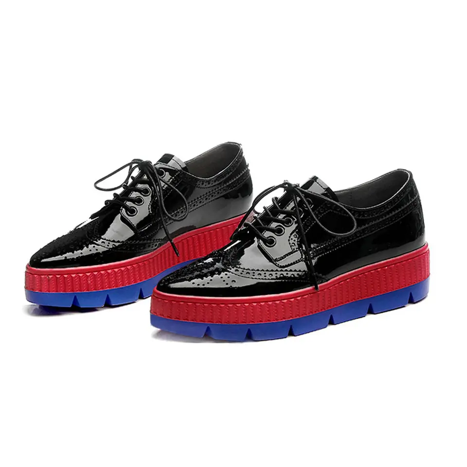 

EshtonShero Women's Shoes Spring Patent Leather Lace Up Flat Heel Pointed Toe Platform Mixed Color Casual Falts Shoes Size 3-8