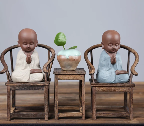 

2020 TOP business gift # Unique #2p Marvellous Spiritual ART # CHAN DAO Little Monk sand-fired kiln porcelain pottery ART statue