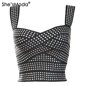 black She'sModa облегающие Женские топы с заклепками, спандекс,, летние укороченные топы, майка для девичника, размера плюс - Цвет: black