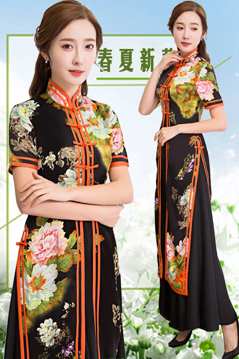 Весна Лето шелк cheongsam длинное улучшение китайский династии Мин Стиль Платье Азиатский Вьетнам с коротким рукавом Ao dai Qipao наборы