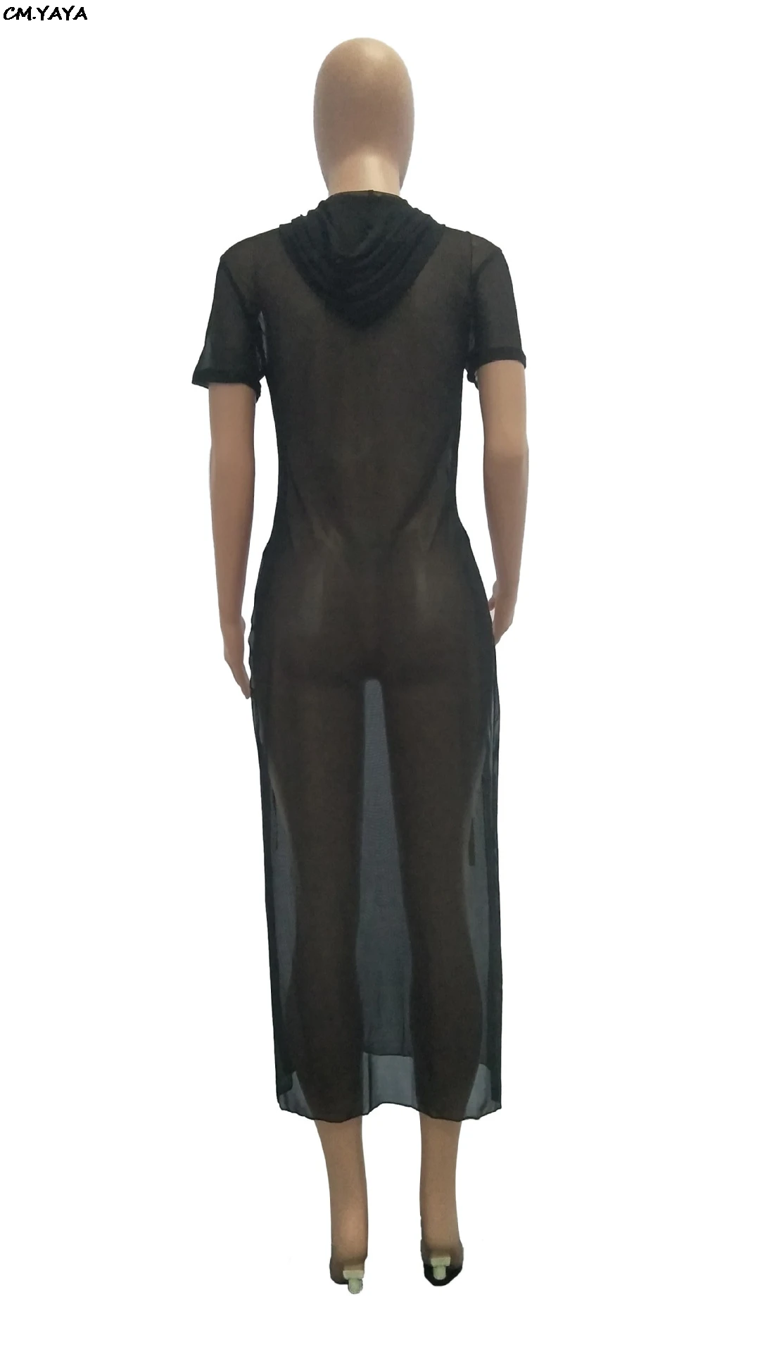 Женское Сетчатое платье макси с капюшоном и высоким разрезом сбоку модель GLTH3251