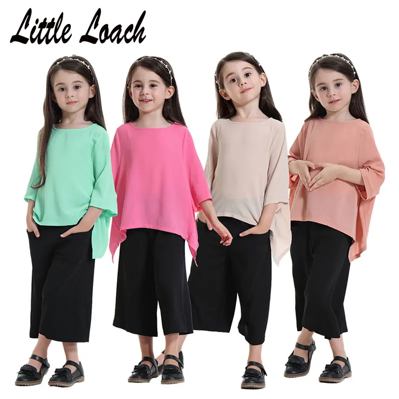 

Kids Clothing Suits Muslim Girls Fashion Pullover Shirt + Broad Leg Pants 2pcs Child Abaya Islamic Children Summer Dress Clothes