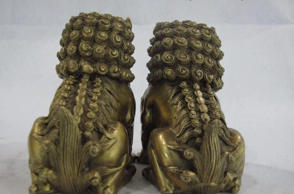 Tibet classical brass copper carved foo dog lion beast fengshui figurine Statue | Дом и сад
