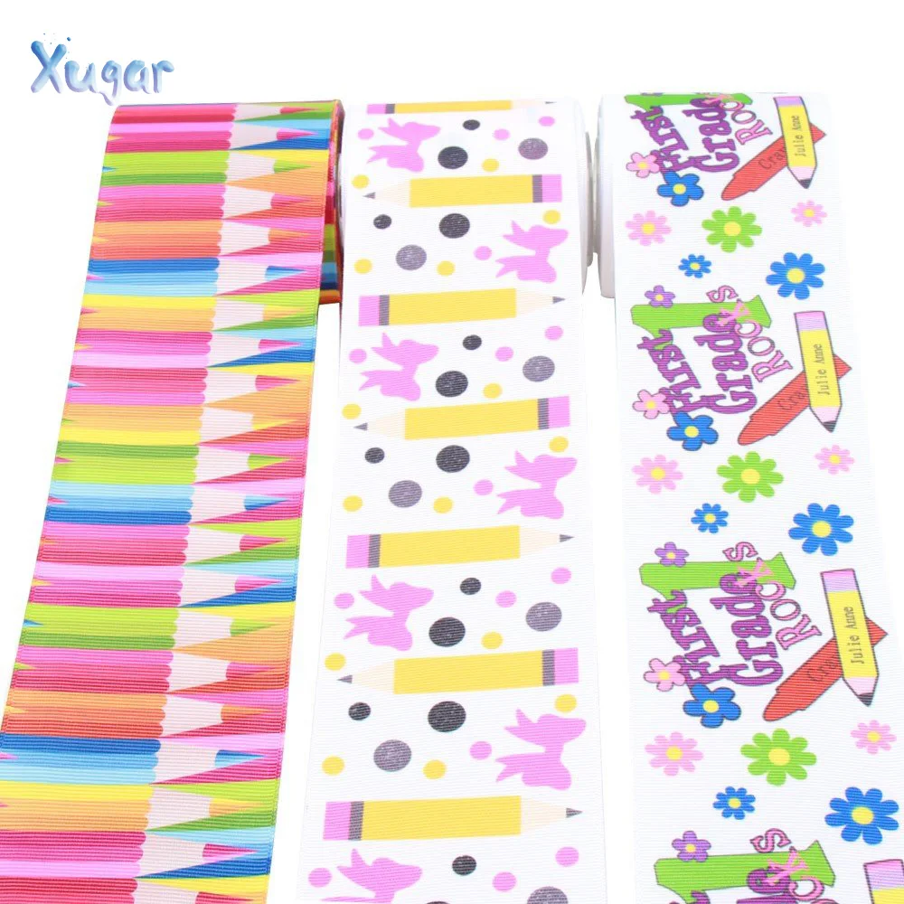 

2Yards 3"(75mm)Grosgrain Ribbon Back to School Cute Cartoon Study Pencil Color Tape DIY Hair Accessories Decorations Materials