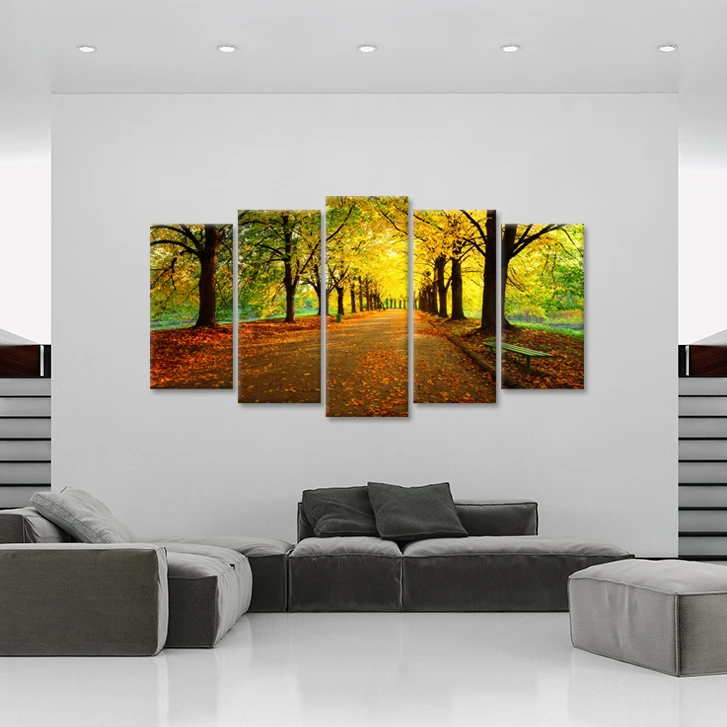 Large 5 Pieces Autumn Forest Canvas Wall Art Yellow Trees in City Park With Empty Bench Sun Light Fall Season Landscape Picture | Дом и сад