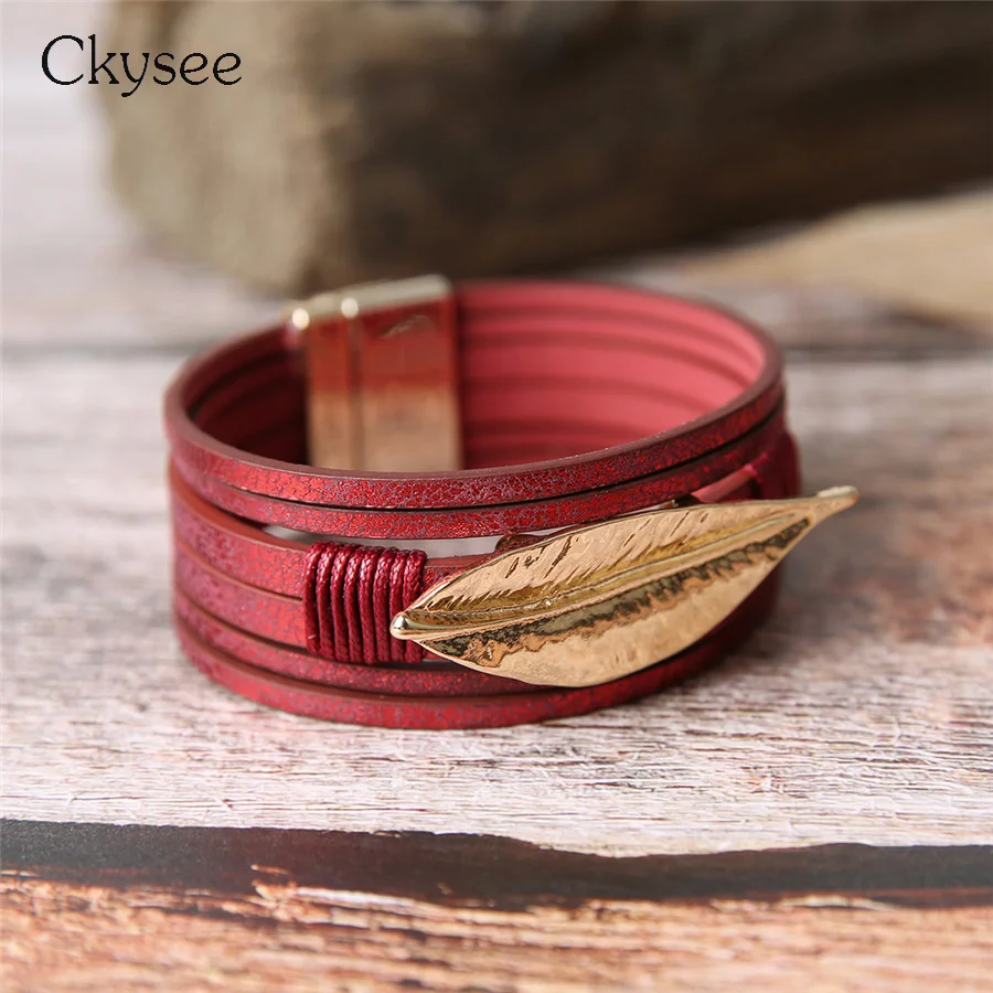 Ckysee Bohemian Multilayer Leaf Charm Bracelet For Women Vintage 2.5mm Wide Leather Wrap Bracelets Bangles Jewelry Gifts | Украшения и