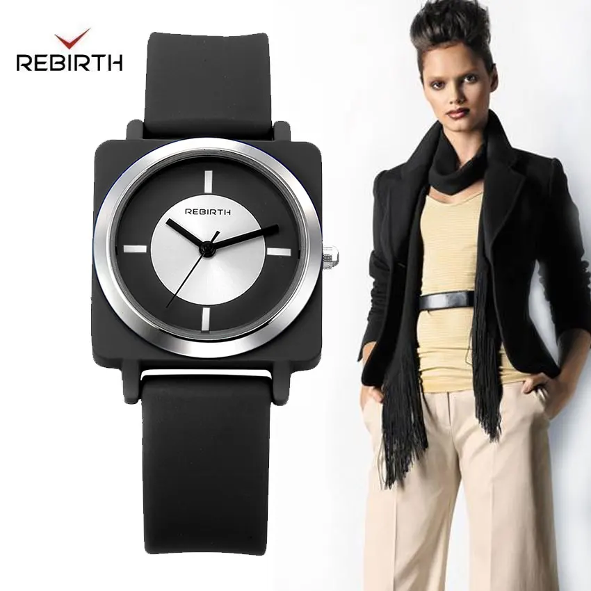 Rebirth новые Брендовые женские часы мягкий черный силиконовый ремешок Reloj Mujer Роскошные Кварцевые женские часы Женская мода Montre Femme