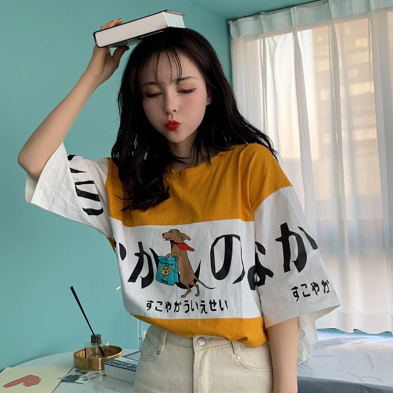 Ulzzang, летние милые японские топы с рисунками из мультфильмов, новинка, Harajuku, женская, три четверти, Корея, большой размер, свободная, повседневная, забавная, хлопковая футболка