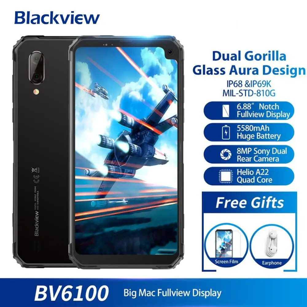 Blackview BV6100 3 ГБ + 16 Гб 6 88 &quotGorilla glass экран смартфон Android 9 0 IP68 Водонепроницаемый 5580 мАч