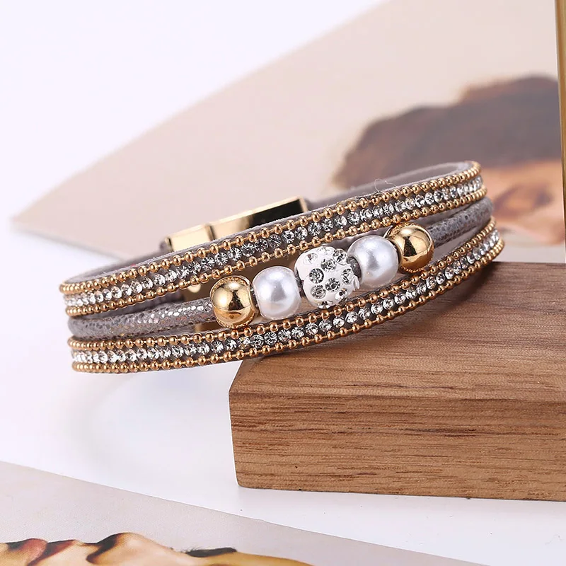 Grey Bracelet HOCOLE винтажный Многослойный кожаный браслет с бусинами для женщин Шарм многослойный из бусин горный хрусталь браслет браслеты женские модные ювелирные изделия - Metal Color: Grey Bracelet