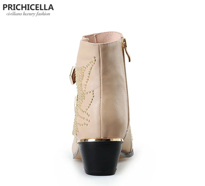 PRICHICELLA/женские ботильоны из натуральной кожи с золотистыми шипами и ремешком; ботинки-гладиаторы на низком каблуке с шипами