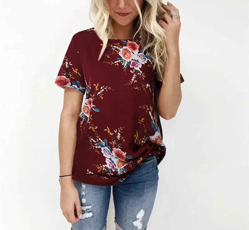 S961 Wine Red INDJXND Новое поступление Летняя Блузка женские Топы цветочный принт рубашки элегантные повседневные с коротким рукавом Boho пляжные свободные Blusas Femininas - Цвет: S961 Wine Red