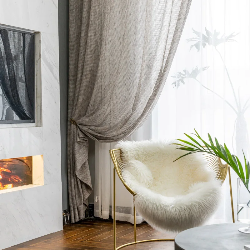 Yarn Linen Luxury Tulle Curtains for Living Room High-grade Plaid Shiny Sheer Curtains for Bedroom Voile Net Lining Window