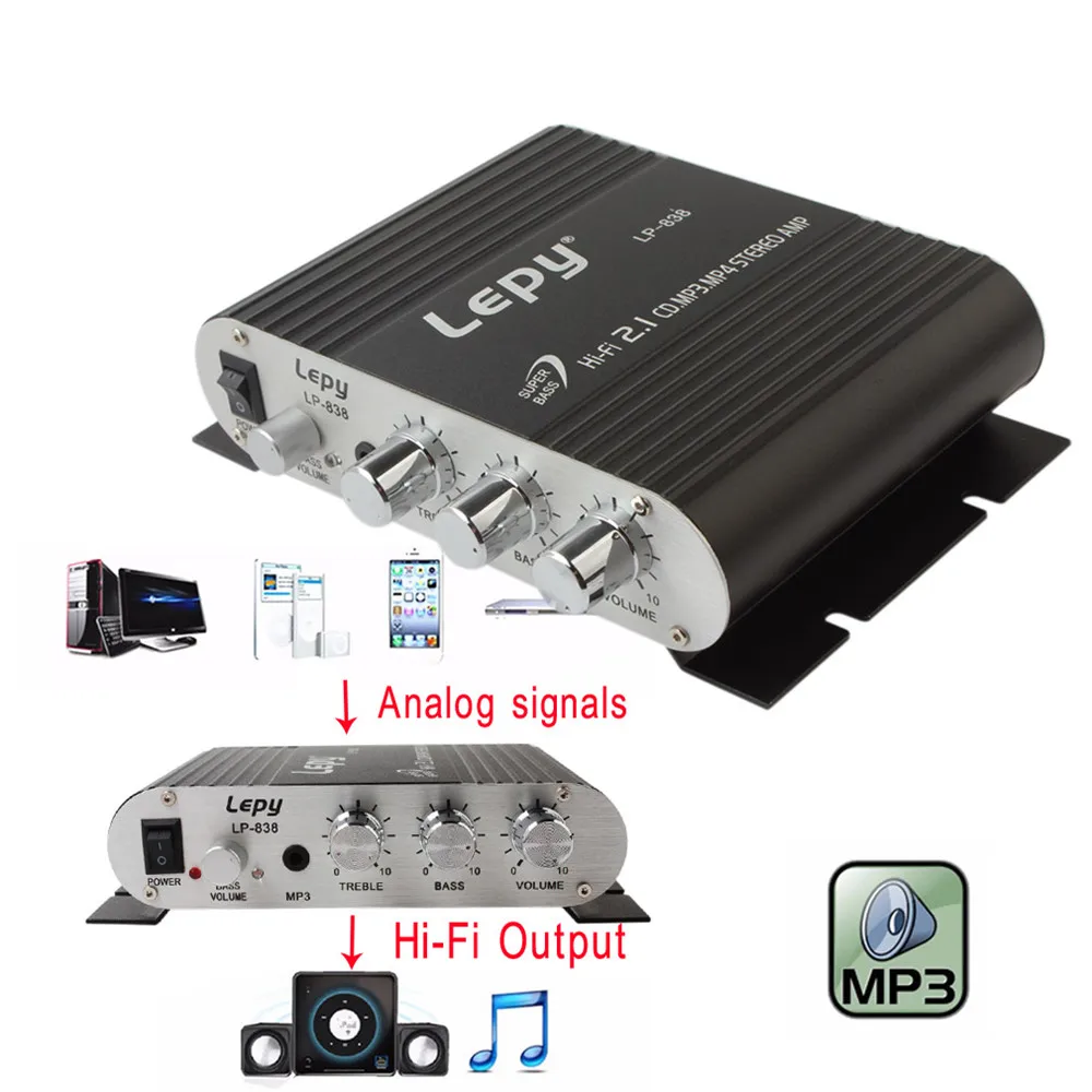 Фото Автомобильный усилитель Lepy LP-838, 12 В, Hi-Fi 2,1, усилитель радио, CD, MP3, MP4 стерео, усилитель басов, динамик для автомобиля, дома №2